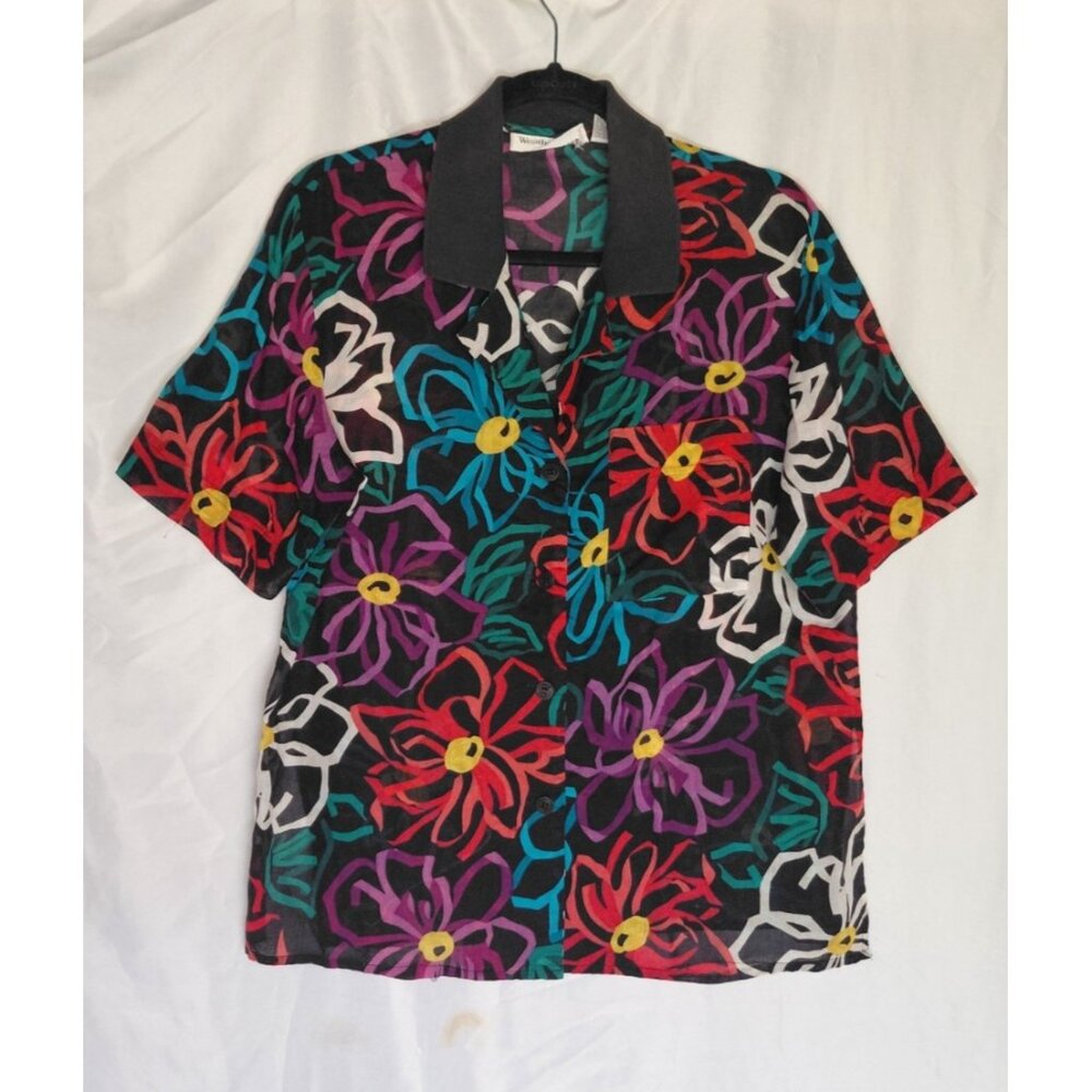 Vtg Weathervane Tropical FIoral Button Up Women's LG Short Sleeve Artsy Colorful
